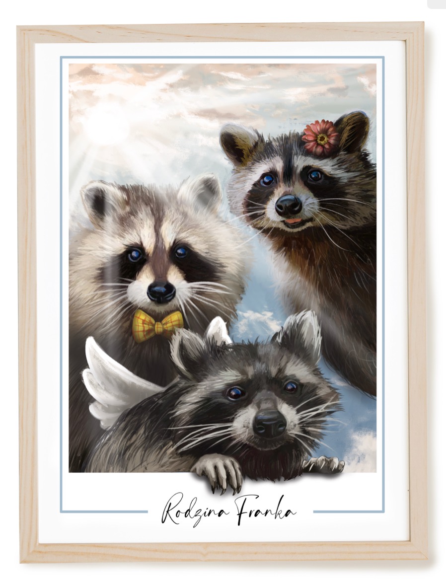 Ilustracja przedstawiająca trzy antropomorficzne szopy w ramce: jeden z muszką, drugi ze skrzydłami, trzeci z kwiatem na głowie, podpisana 'Rodzina Franka'.