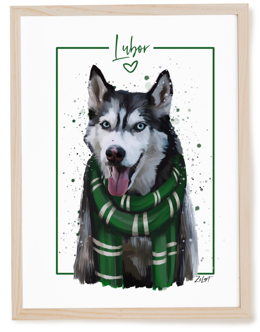 Portret psa rasy Husky w szaliku w barwach Slytherinu, oprawiony w ramę, z imieniem 'Lubor' nad głową, stylizowany na malarstwo cyfrowe.