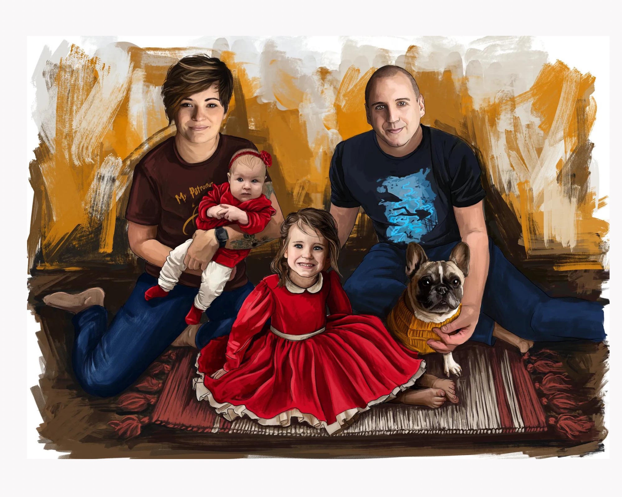 Rodzinny portret cyfrowy przedstawiający dwoje dorosłych, dwoje dzieci oraz psa rasy buldog francuski, utrzymany w ciepłej kolorystyce z rozmytym tłem imitującym pociągnięcia pędzlem.