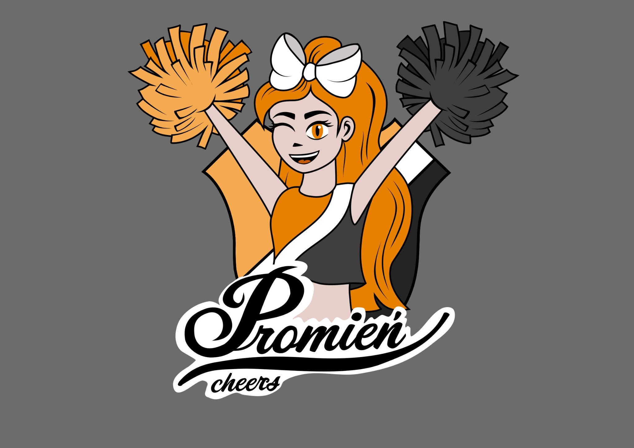 Kreskówkowa maskotka: uśmiechnięta cheerleaderka z pomponami w kolorach pomarańczowym i czarnym, w tle logo firmy 'Promień cheers'.