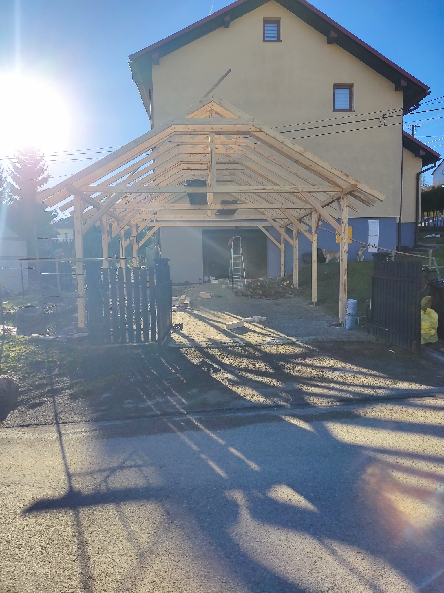 Konstrukcja wiaty z surowego drewna w trakcie montażu na posesji, widoczne połączenia ciesielskie, drabina oparta o słup, dwa psy w tle, dom jednorodzinny.