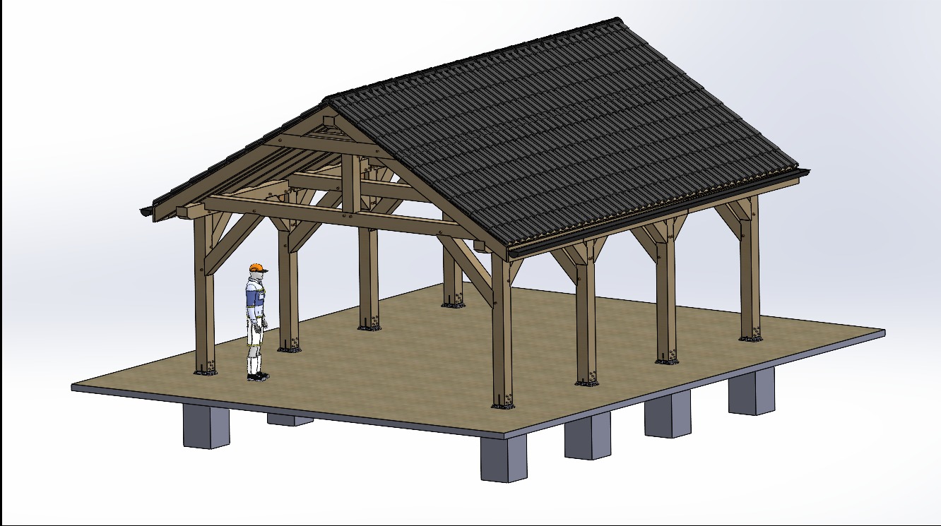 Wizualizacja wiaty dwuspadowej wolnostojącej 8x6m. Grubość belek 20x20cm.