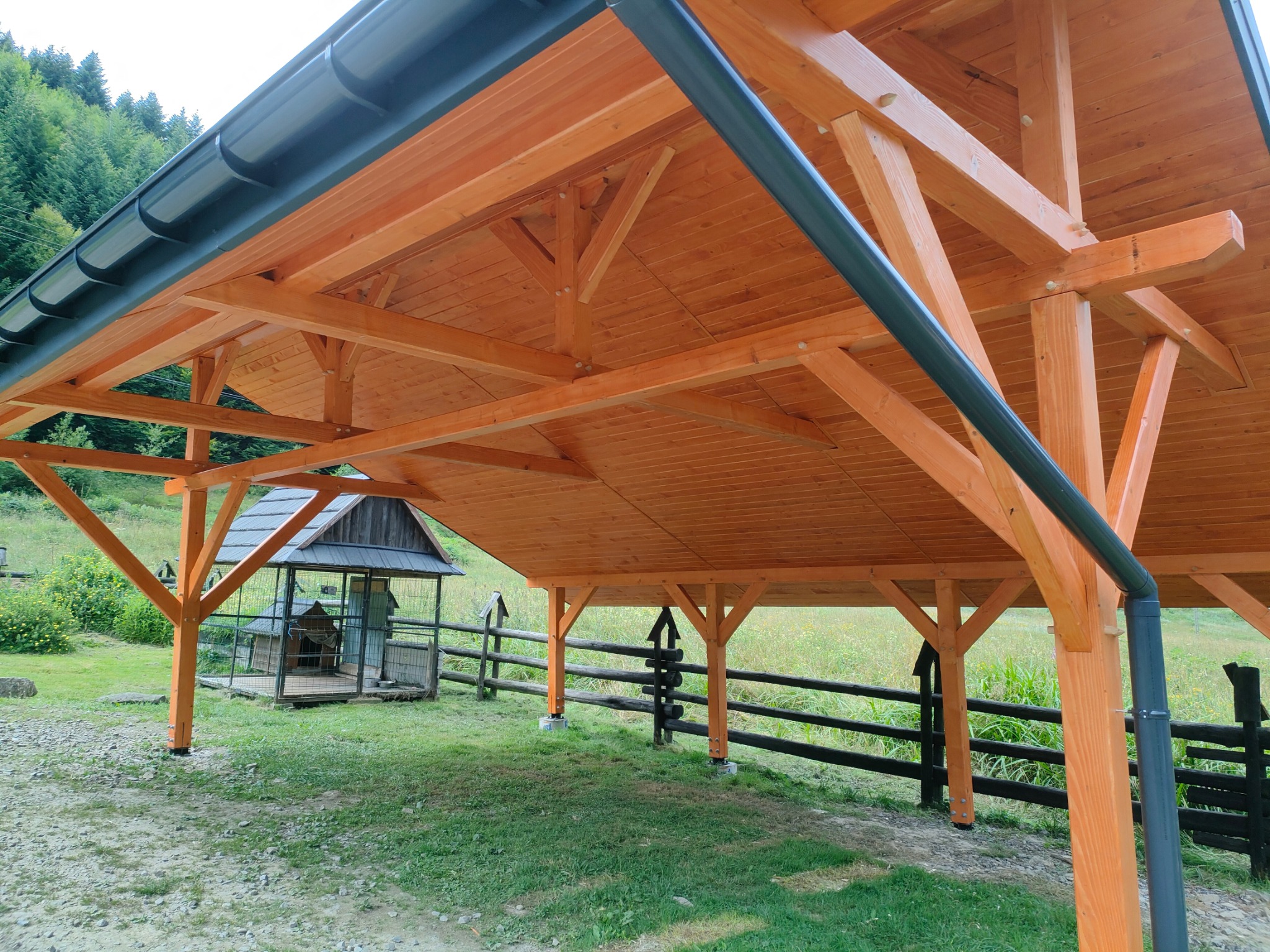 Konstrukcja z jasnego drewna z czarną rynną, widok od dołu. W tle zielona trawa, drzewa i mała drewniana budowla. Elementy złączone śrubami.