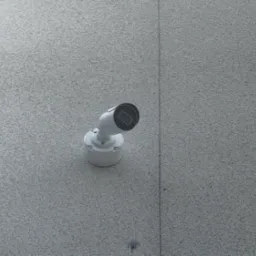 Biała kamera monitoringu, zamontowana na szarej, teksturowanej ścianie. Widoczny kabel pionowy. Ujęcie z dołu, lekko z prawej strony.