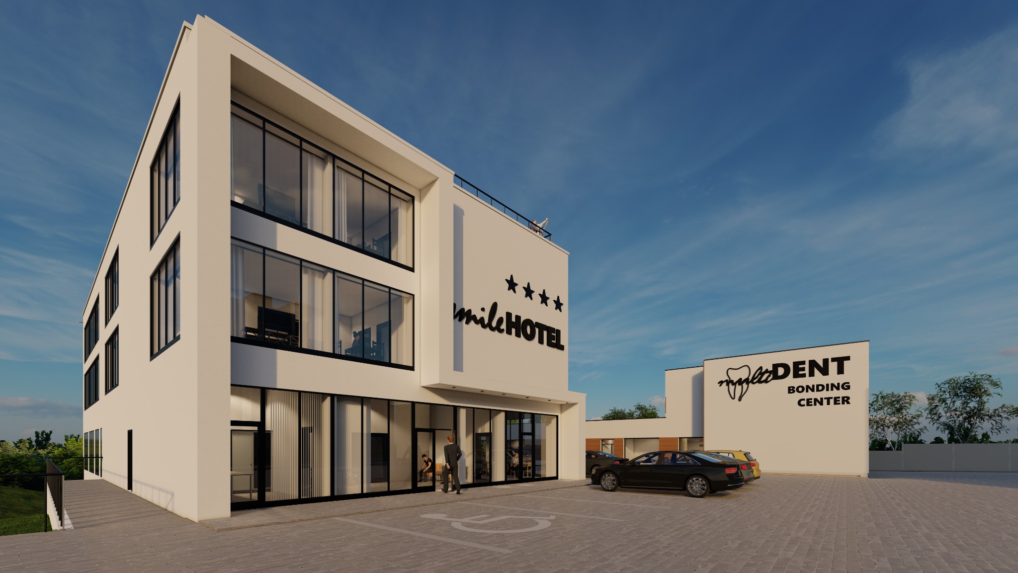 Wizualizacja zewnętrzna nowoczesnego budynku hotelowego z czterema gwiazdkami i przylegającym budynkiem centrum stomatologicznego, z parkingiem i dwoma samochodami.