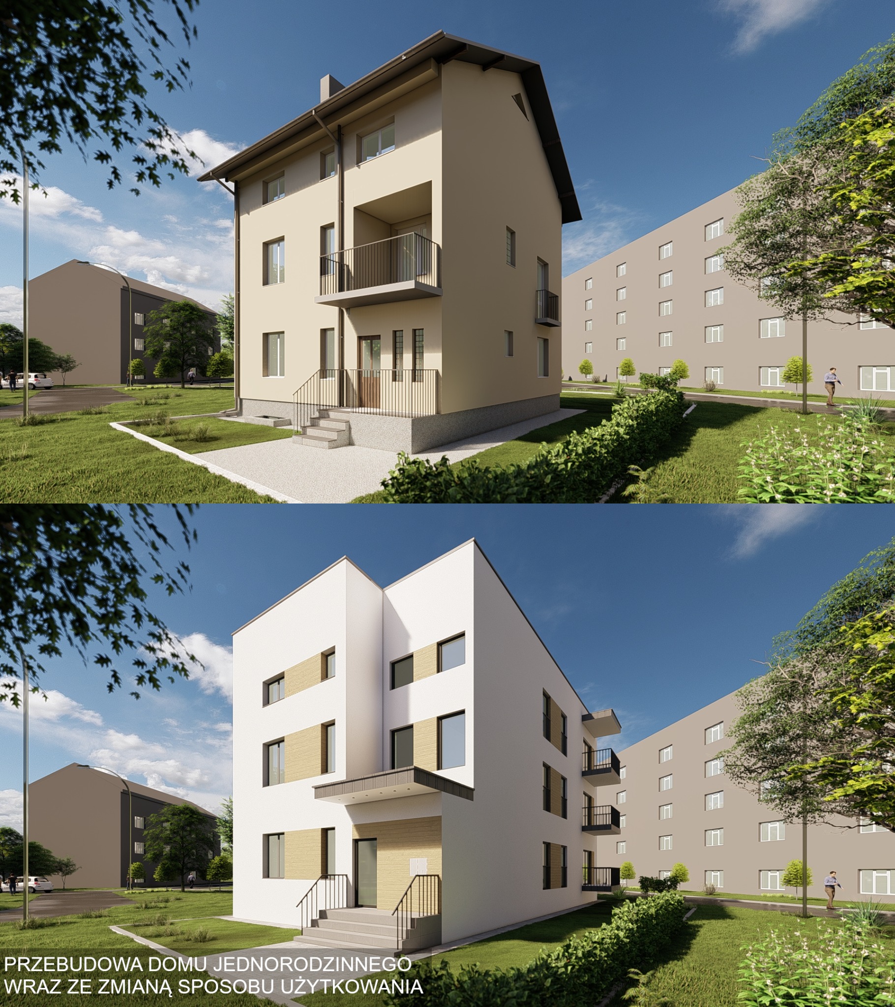 Wizualizacja porównawcza: dom jednorodzinny przed i po przebudowie, prezentująca zmiany w elewacji i sposobie użytkowania, z uwzględnieniem otoczenia.
