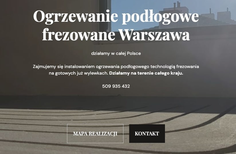 Grafika reklamowa firmy oferującej frezowane ogrzewanie podłogowe w Warszawie, z widocznym fragmentem frezowanej podłogi i tekstem informacyjnym.