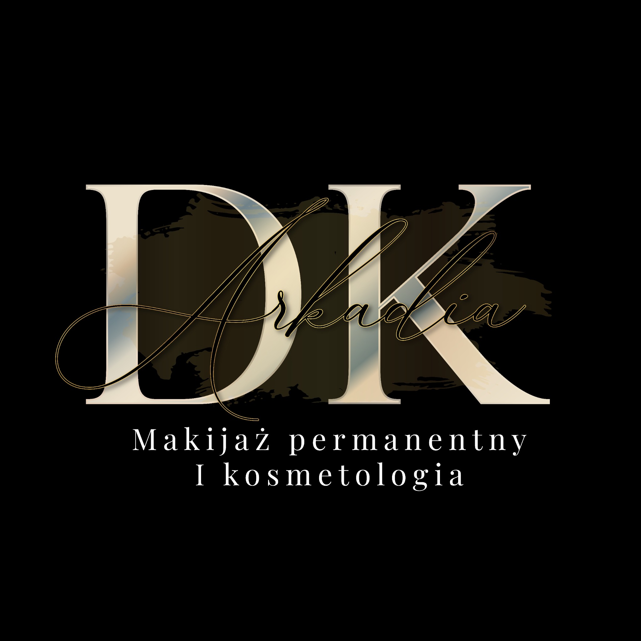 Eleganckie logo firmy 'DK Arkadia' oferującej makijaż permanentny i kosmetologię, z dużymi literami DK w odcieniach beżu i szarości, ozdobione kursywą 'Arkadia' i złotymi liniami, na czarnym tle.