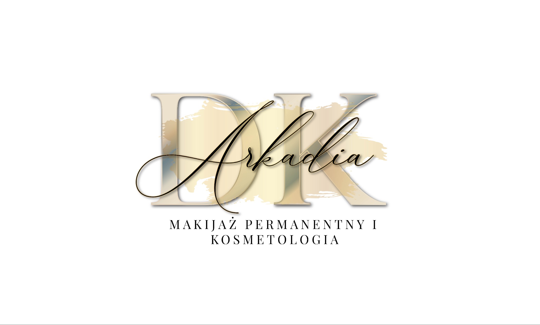 Eleganckie logo firmy DK Arkadia, oferującej makijaż permanentny i usługi kosmetologiczne, z delikatnymi akcentami beżu i złota.