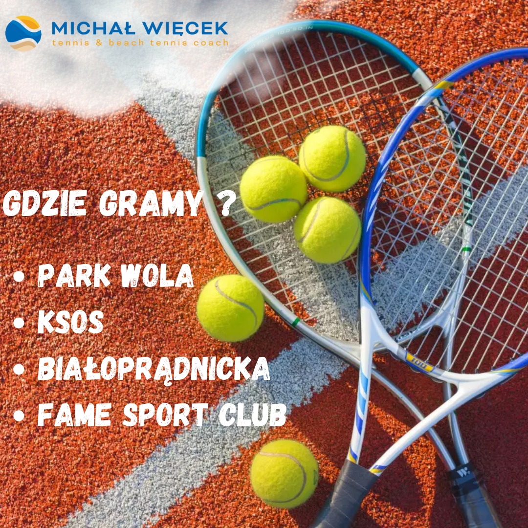 Reklama trenera tenisa Michała Więcka na tle kortu tenisowego z rakietami i piłkami, z listą miejsc, gdzie prowadzi zajęcia: Park Wola, KSOS, Białoprądnicka, Fame Sport Club.