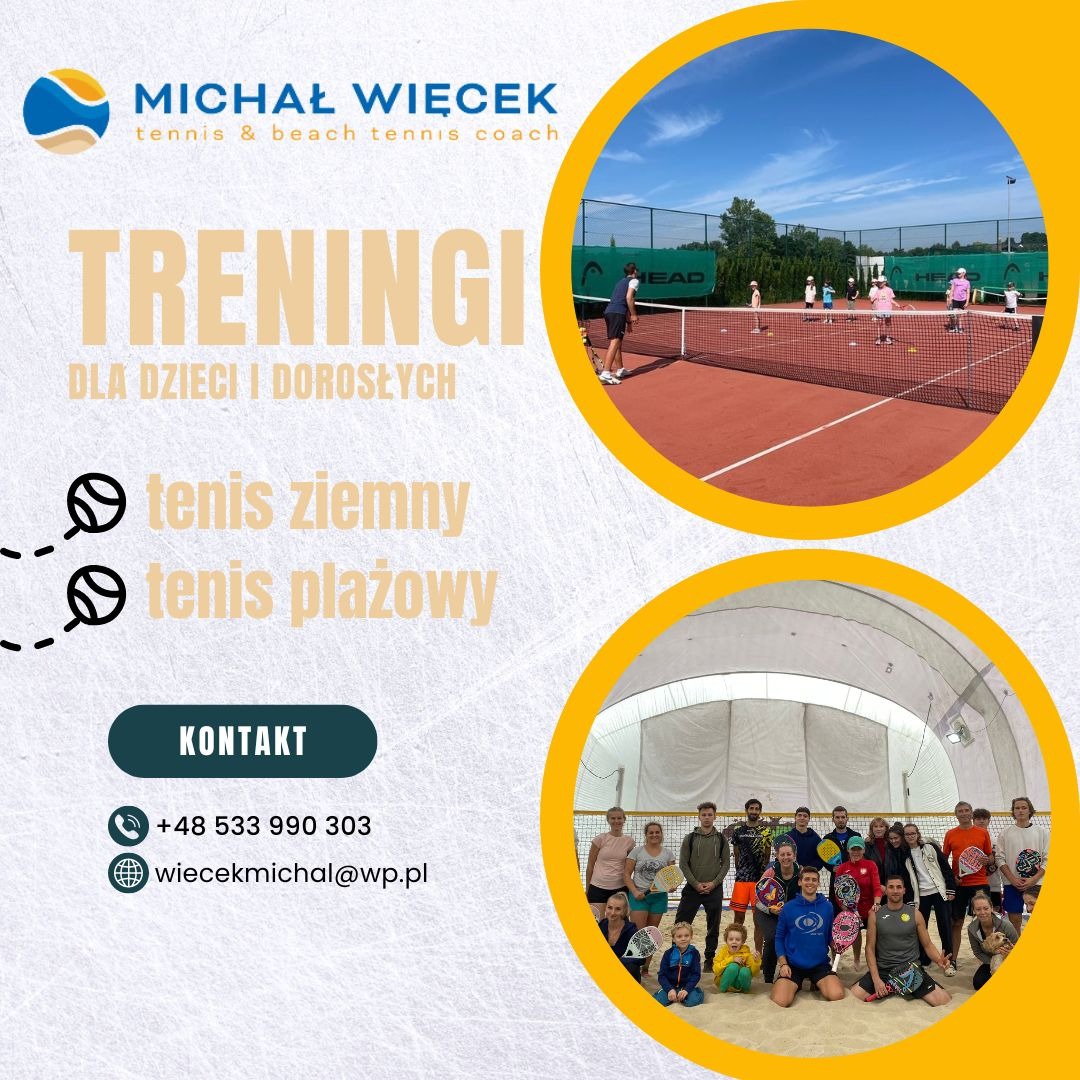 Grafika reklamowa z Oświęcimia oferująca treningi tenisa ziemnego i plażowego dla dzieci i dorosłych, z widocznym kortem tenisowym i grupą osób na plaży w hali.