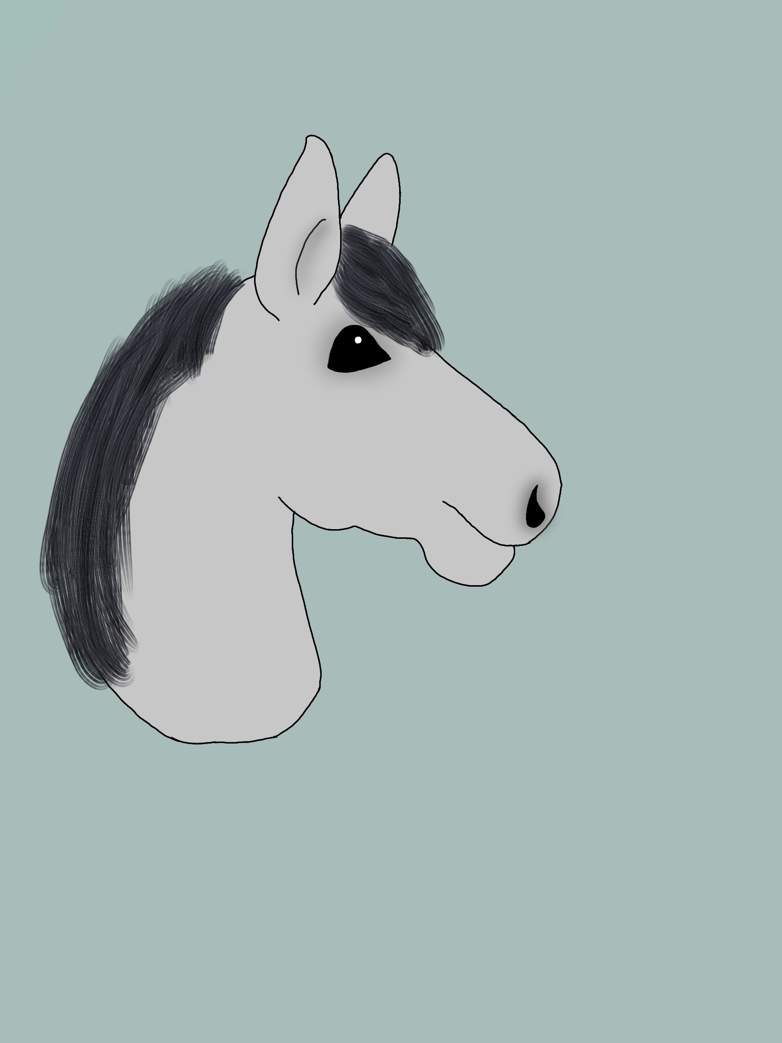 Cyfrowa ilustracja głowy konia w odcieniach szarości z czarną grzywą na jednolitym, pastelowym tle.