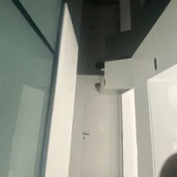 Nowoczesne wnętrze z białymi, lakierowanymi szafkami pod sufitem i czarnym sufitem podwieszanym z oświetleniem punktowym, widok na białe drzwi wewnętrzne.