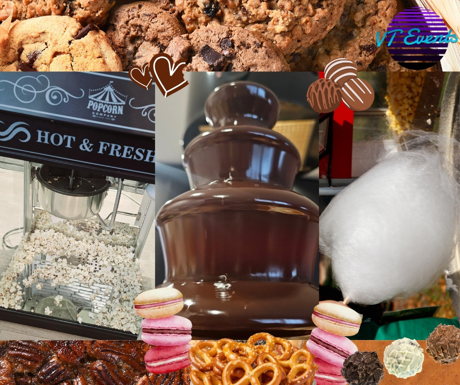 Kolaż z różnorodnych słodkości: świeże ciasteczka z czekoladą, maszyna do popcornu z napisem 'Hot & Fresh', czekoladowa fontanna, wata cukrowa, precle, makaroniki i praliny.