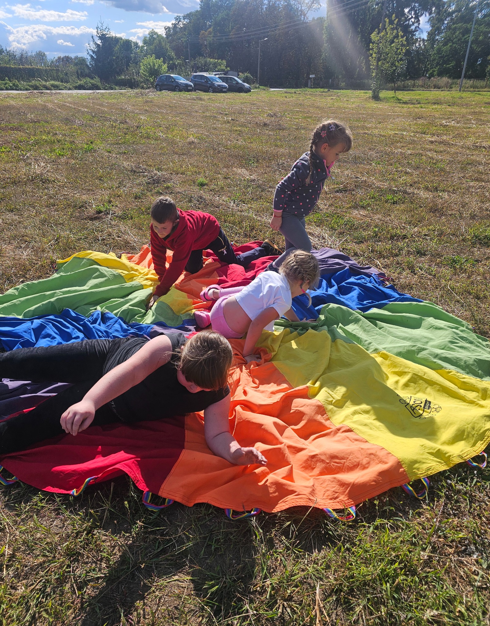 Cztery bawiące się dzieci na kolorowej chuście animacyjnej leżącej na trawie. W tle drzewa i zaparkowane samochody.