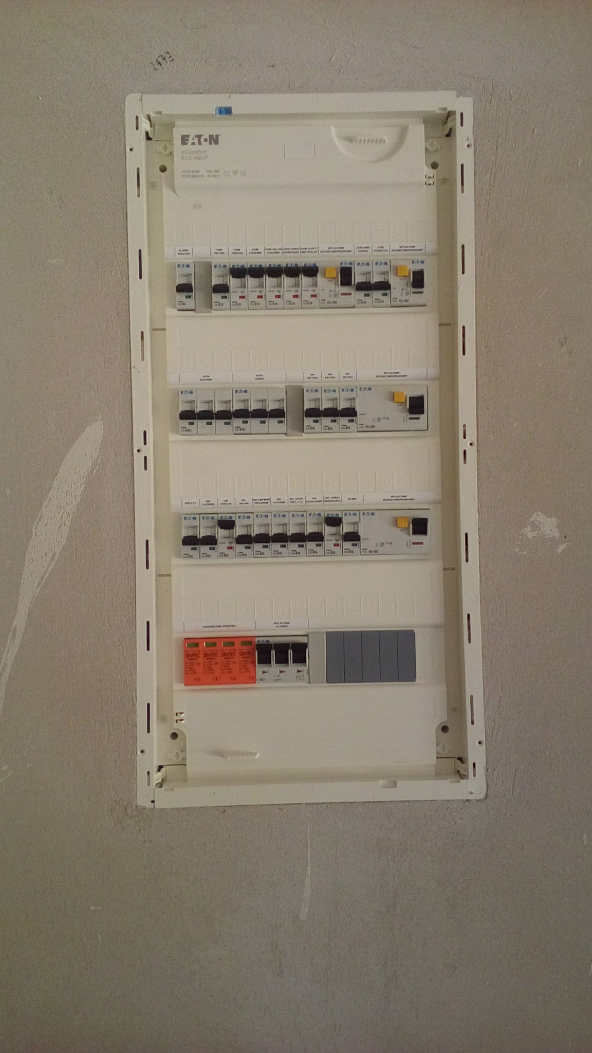 Rozdzielnica elektryczna Eaton KLV-48UP zamontowana na surowej, szarej ścianie, widoczne zabezpieczenia różnicowoprądowe i nadprądowe.
