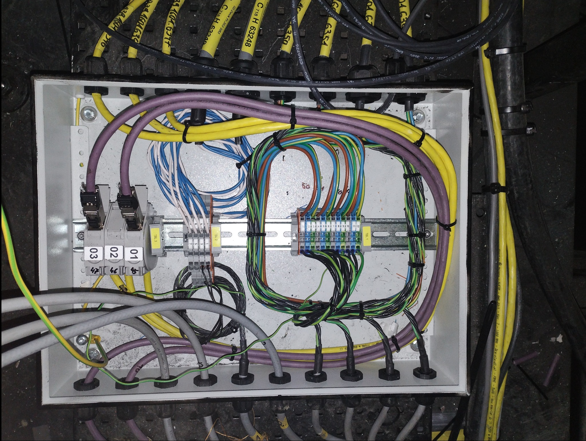 Otwarta skrzynka rozdzielcza z uporządkowanymi kablami w różnych kolorach (żółty, fioletowy, zielony, niebieski) i złączkami. Widoczne numery na złączkach. Kable wychodzą ze skrzynki przez gumowe...