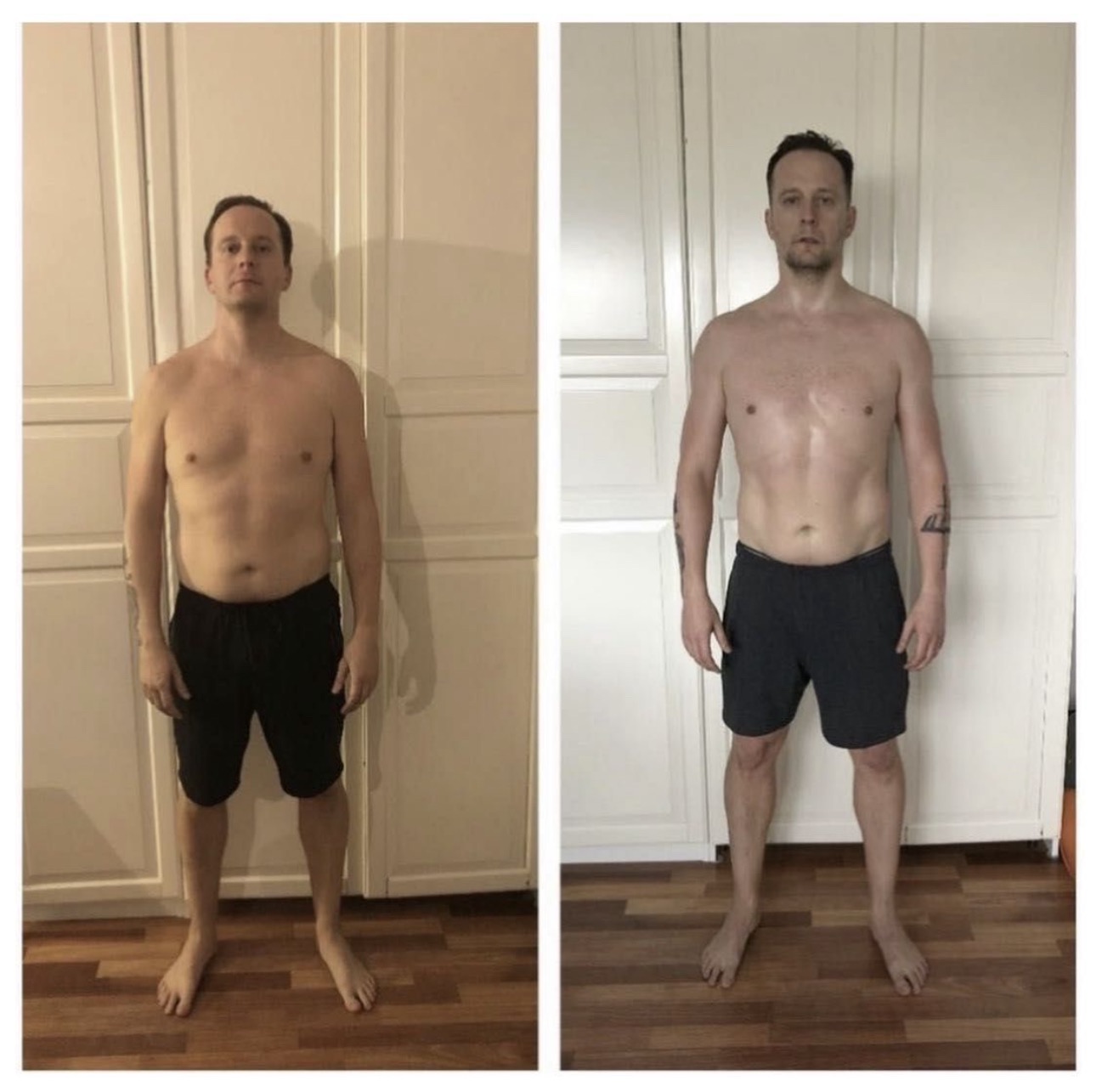 Mężczyzna przed i po treningu personalnym, widoczna zmiana w sylwetce i kondycji, pot na ciele po prawej stronie, tatuaż na ramieniu.
