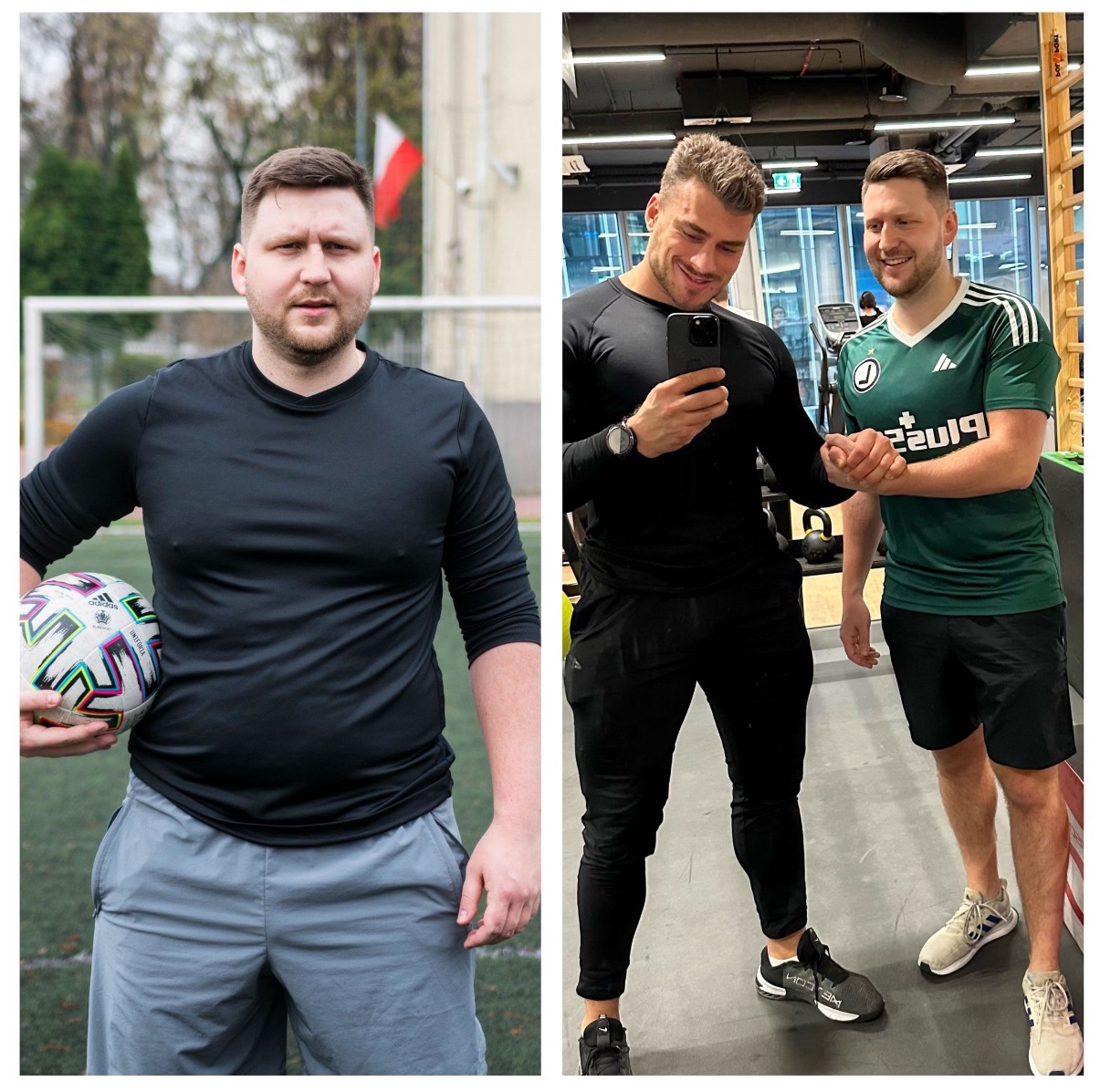 Kolaż: Mężczyzna przed i po treningu. Po lewej: Mężczyzna na boisku trzymający piłkę. Po prawej: Mężczyzna robiący selfie z innym mężczyzną w siłowni.