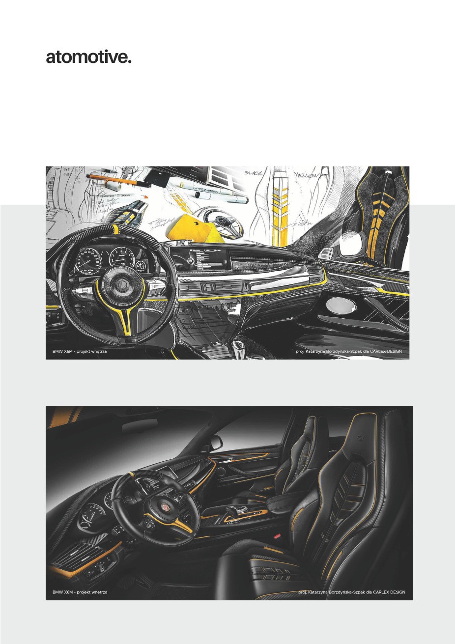 Projekt wnętrza BMW X6M w dwóch ujęciach: szkic koncepcyjny na górze i wizualizacja 3D na dole. Czarno-żółta kolorystyka, nowoczesny design.