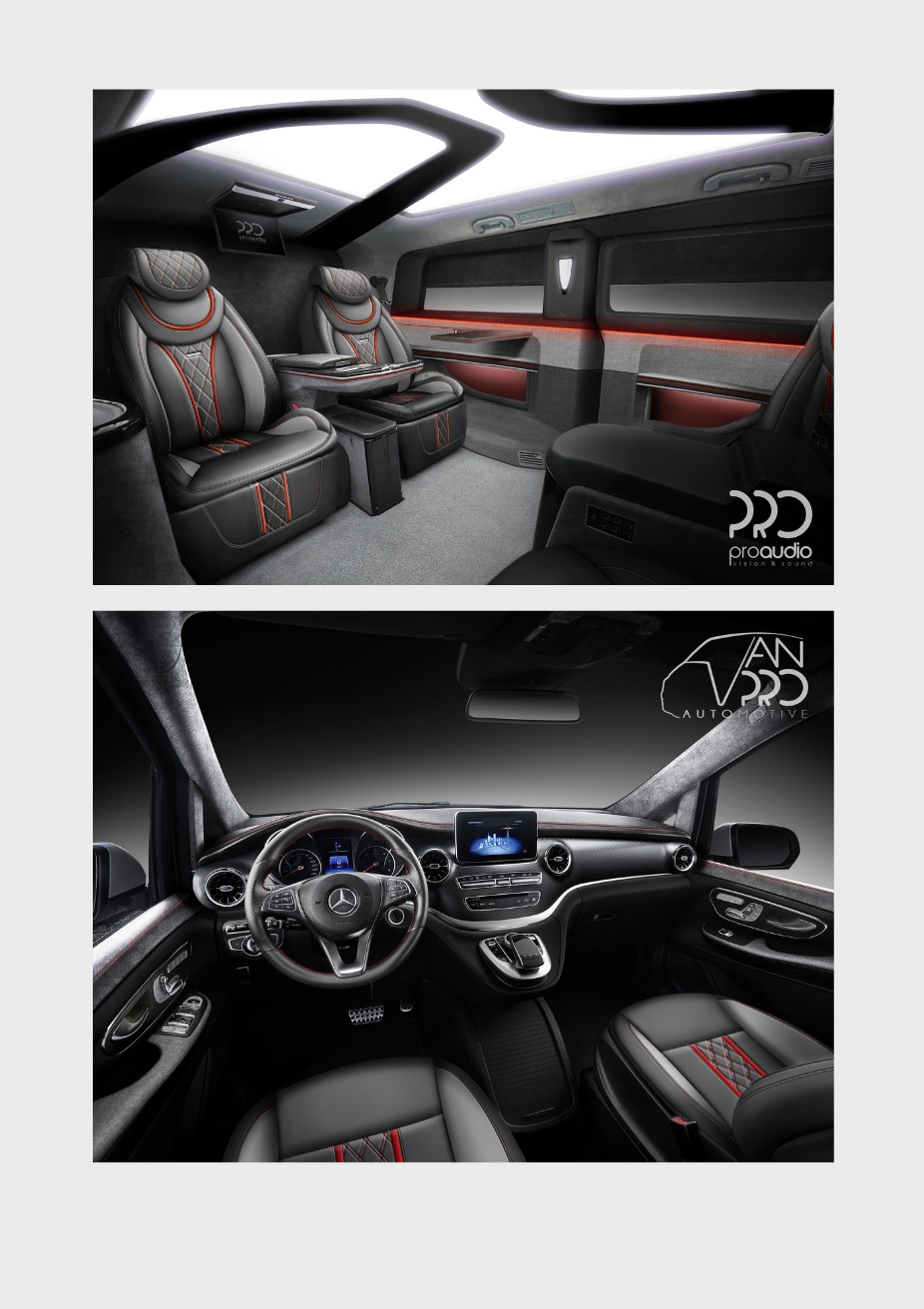 Luksusowe wnętrze samochodu Mercedes-Benz V-klasy po tuningu: skórzane fotele z czerwonymi przeszyciami, oświetlenie ambientowe i nowoczesny kokpit.