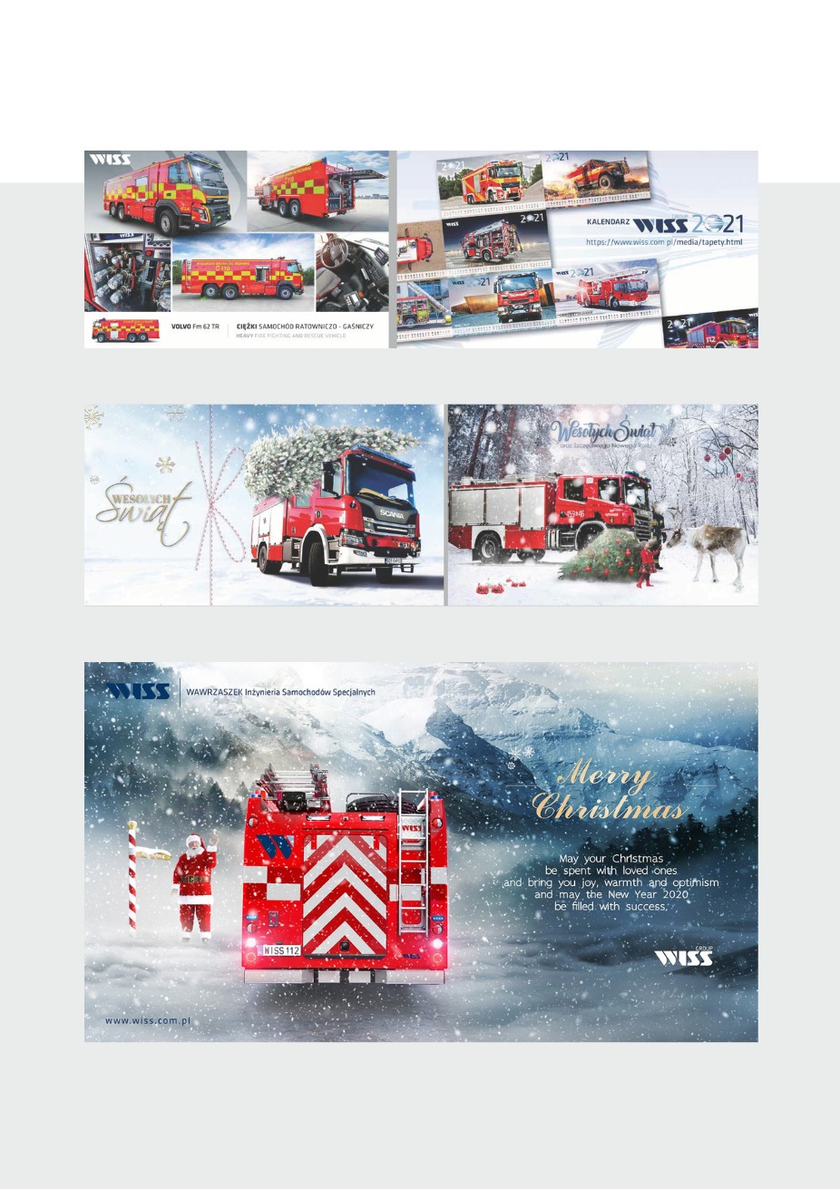 Świąteczna kartka z wozami strażackimi WISS na tle zimowego krajobrazu, życzenia 'Merry Christmas' i 'Wesołych Świąt'.