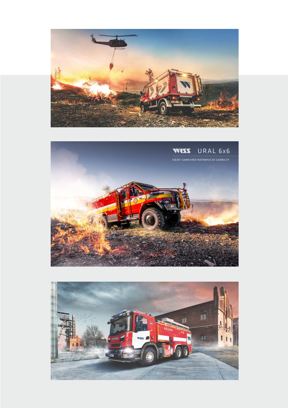 Kompozycja trzech zdjęć w pionie: akcja gaszenia pożaru z powietrza, ciężki wóz strażacki na tle ognia oraz wóz strażacki na tle budynku.