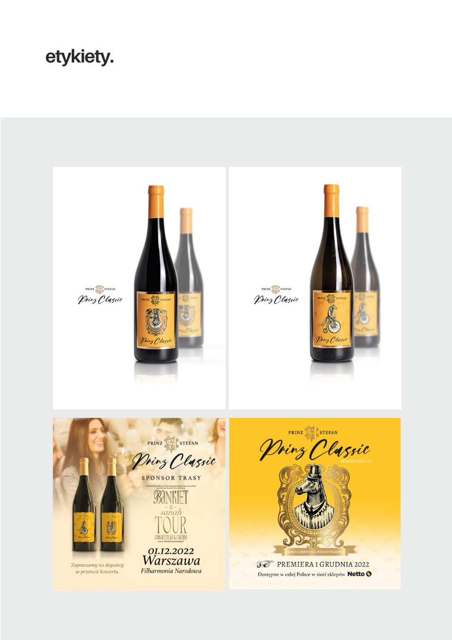 Etykiety win Prinz Stefan Classic w Gdyni. Grafiki promocyjne z butelkami wina i informacjami o trasie koncertowej oraz premierze. Żółto-biała kolorystyka.