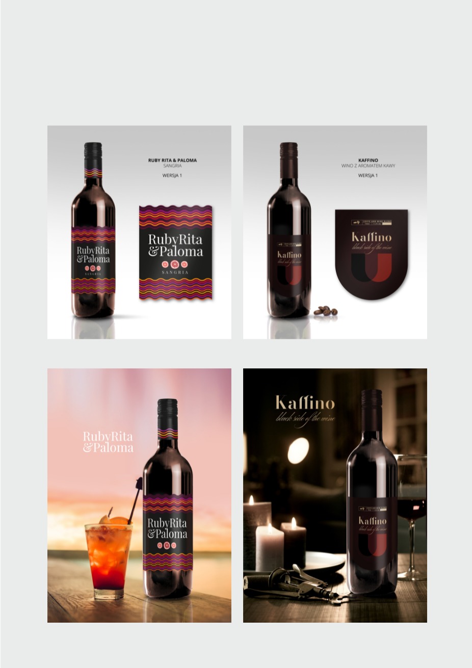 Cztery warianty etykiet na butelki wina: RubyRita&Paloma (sangria) i Kaffino (wino z aromatem kawy). Minimalistyczny design, różne ujęcia butelek i otoczenia.