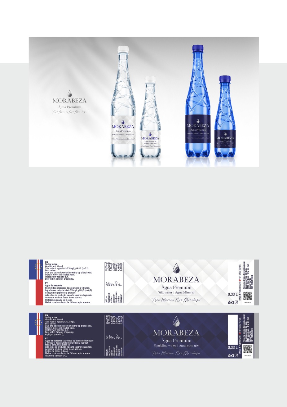 Wizualizacja etykiet i butelek wody Morabeza w dwóch wariantach: woda gazowana w niebieskiej butelce i woda niegazowana w przezroczystej butelce.