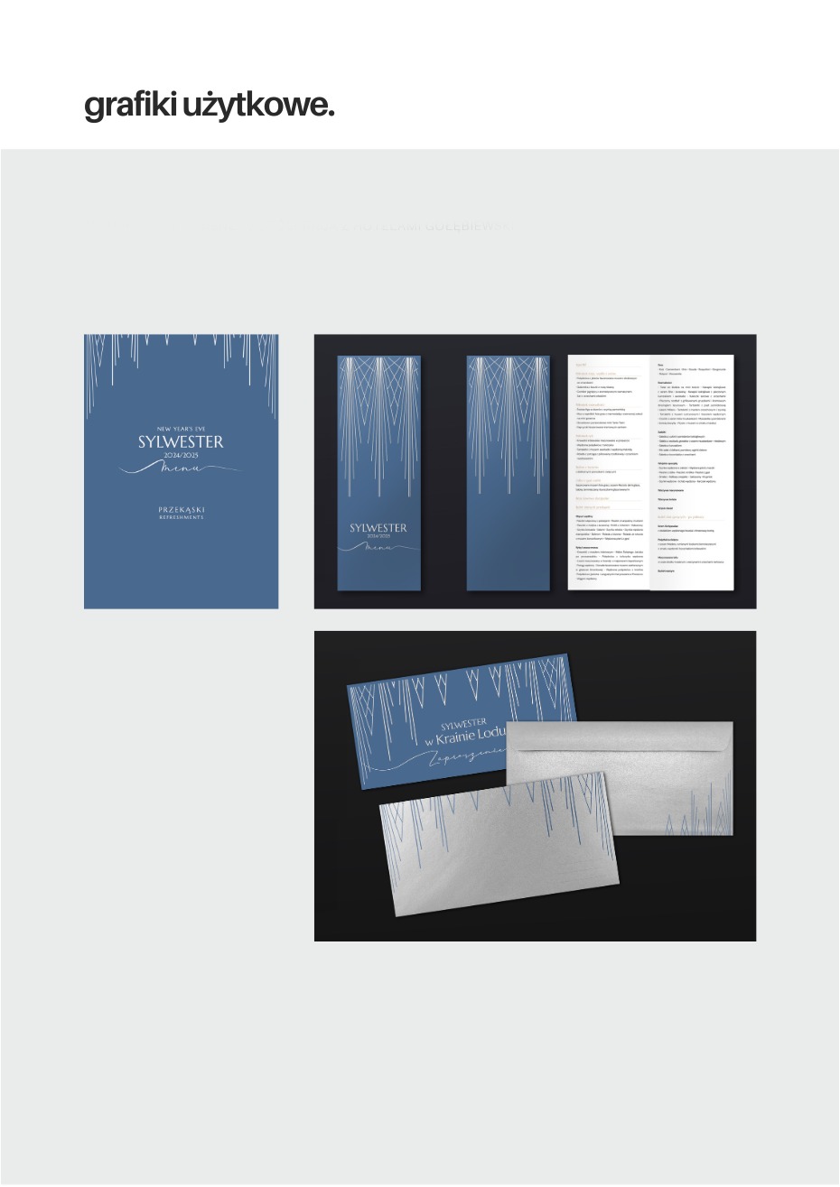Zestaw graficzny: menu i zaproszenia na Sylwestra w niebiesko-srebrnej kolorystyce, z motywem geometrycznych linii. Elegancki design zapowiedzi imprezy.