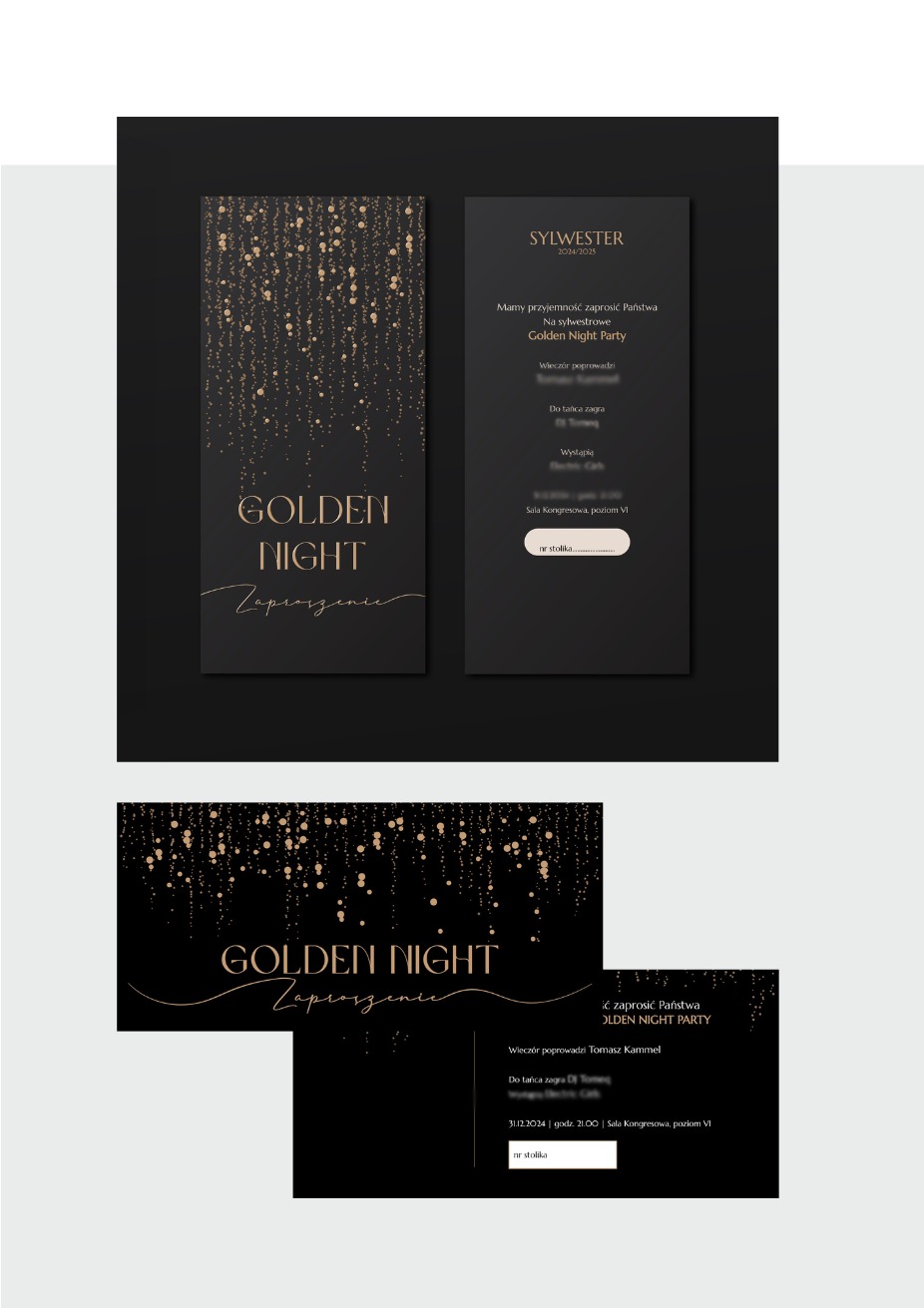 Eleganckie, czarno-złote zaproszenia na Sylwestra 'Golden Night Party' z datą 31.12.2024. Widoczne detale: złote napisy i grafika imitująca spadające konfetti.