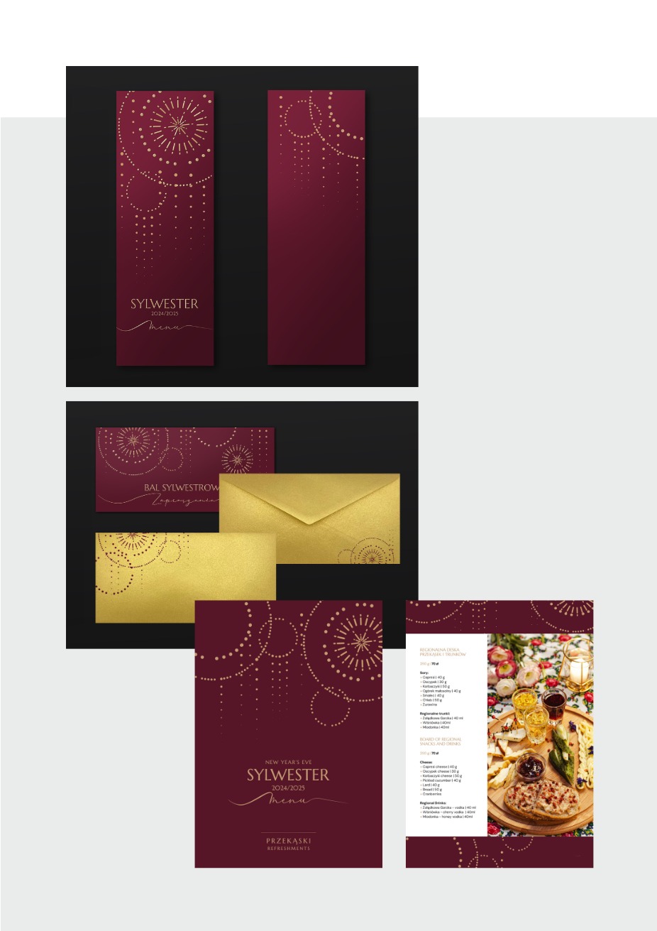 Elegancki zestaw papeterii sylwestrowej: menu, zaproszenia, koperty, w odcieniach bordo i złota, z motywem fajerwerków. Projekt graficzny na przyjęcie.