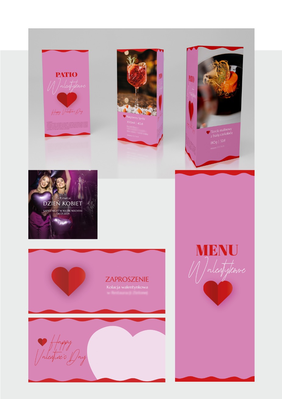 Różowe materiały reklamowe Patio Walentynkowe: menu, zaproszenie, ulotki, plakat na Dzień Kobiet. Grafika z sercami i napisem Happy Valentine's Day.