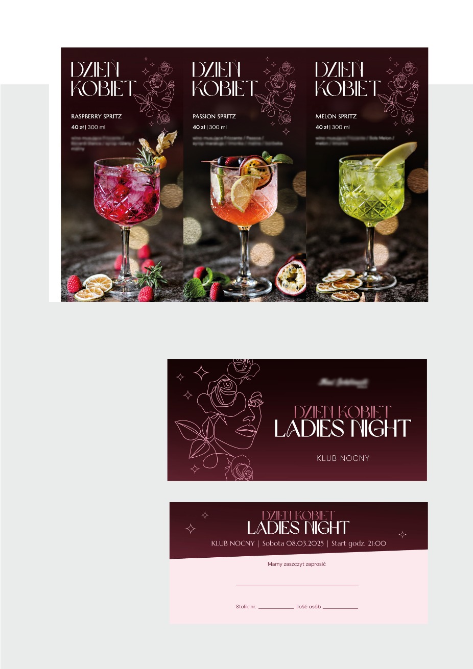 Plakat promujący Ladies Night z okazji Dnia Kobiet, prezentujący trzy koktajle: malinowy, marakuja i melonowy, oraz zaproszenie z datą 8 marca 2025, stylizowane na klub nocny.