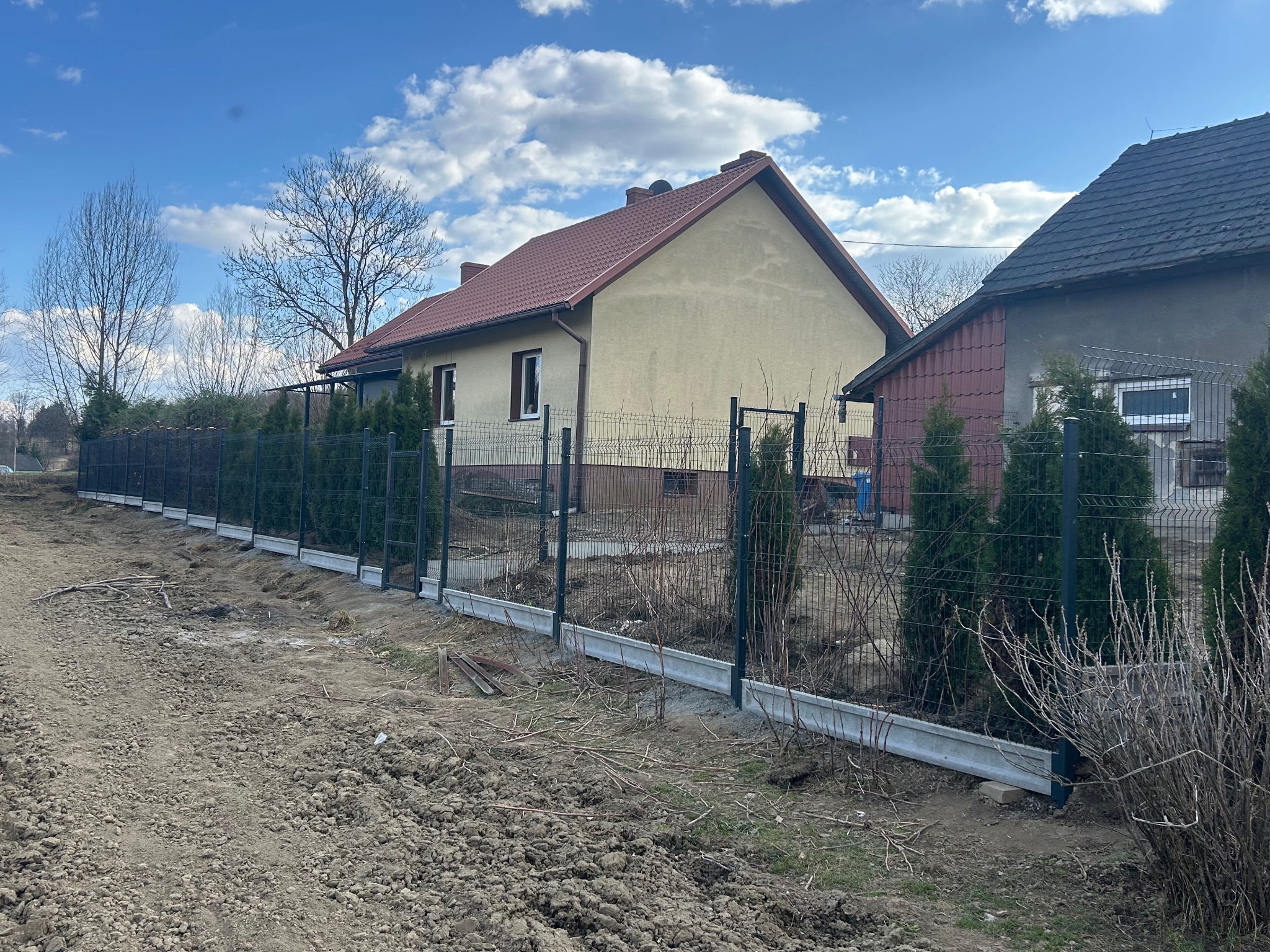Nowoczesne ogrodzenie panelowe w kolorze grafitowym, z podmurówką betonową, otaczające posesję z domem jednorodzinnym w słoneczny dzień. Widoczne tuje wzdłuż ogrodzenia.
