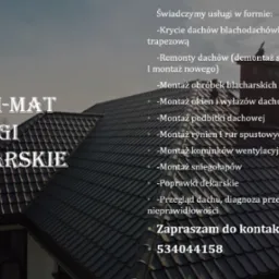 Zdjęcie dachu z czarnej blachodach&oacute;wki, widok z dołu, z logo firmy dekarskiej 'DACH-MAT Usługi Dekarskie' i listą usług w Wietlin pierwszy oraz numerem telefonu kontaktowego.