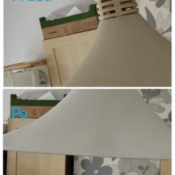Lampa z abażurem: porównanie 'przed' (przybrudzony) i 'po' (czysty), ukazujące efekt czyszczenia. Widoczne tło z wzorem kwiatowym i fragment mebla.