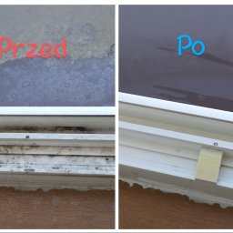 MultiTask SYLWIA KOBAK - Okno PCV przed i po czyszczeniu. Widoczne zabrudzenia na szybie i ramie okiennej. Po prawej stronie okno umyte, rama czysta. Ukazane detale ramy okiennej.