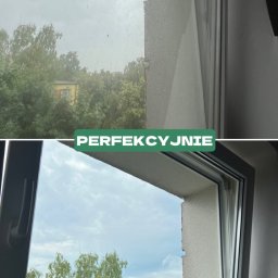 PureClean & Refresh - Porównanie okna przed i po czyszczeniu: górna część z widocznymi zabrudzeniami, dolna część idealnie czysta z widokiem na zieleń i budynek w tle.