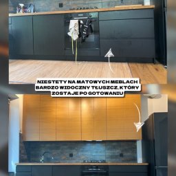 PureClean & Refresh - Porównanie matowych czarnych mebli kuchennych przed i po czyszczeniu, z widocznymi śladami tłuszczu przed i czystą powierzchnią po, podkreślające efekt sprzątania.