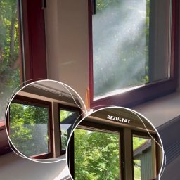 PureClean & Refresh - Porównanie okna przed i po umyciu, z widoczną różnicą w czystości i przejrzystości, z hasłem reklamowym zachęcającym do skorzystania z usługi mycia okien.