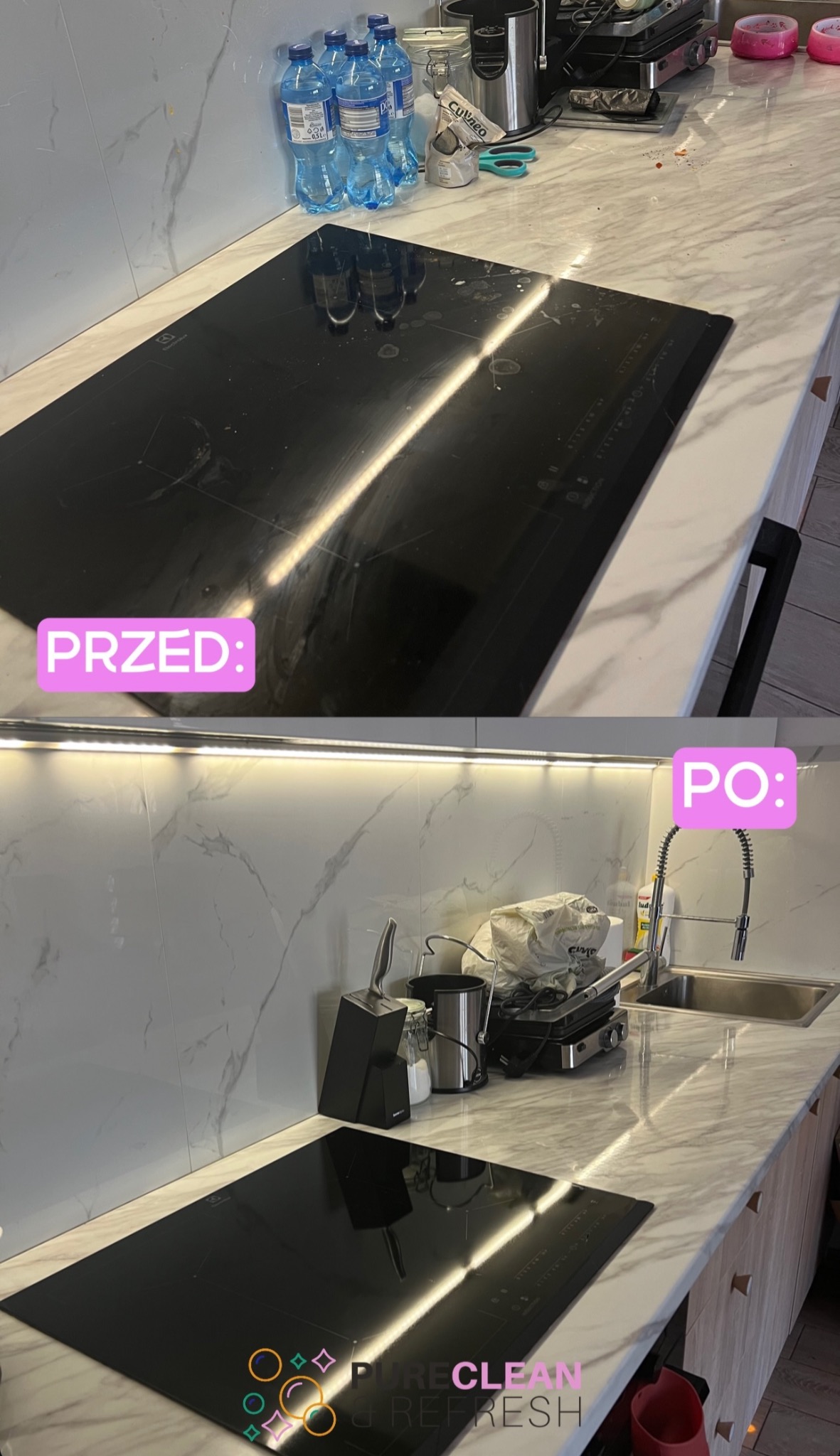 Zdjęcie typu 'przed i po' przedstawiające czyszczenie płyty indukcyjnej na marmurowym blacie kuchennym. Górna część pokazuje brudną płytę z plamami, a dolna część prezentuje czystą i lśniącą płytę,...