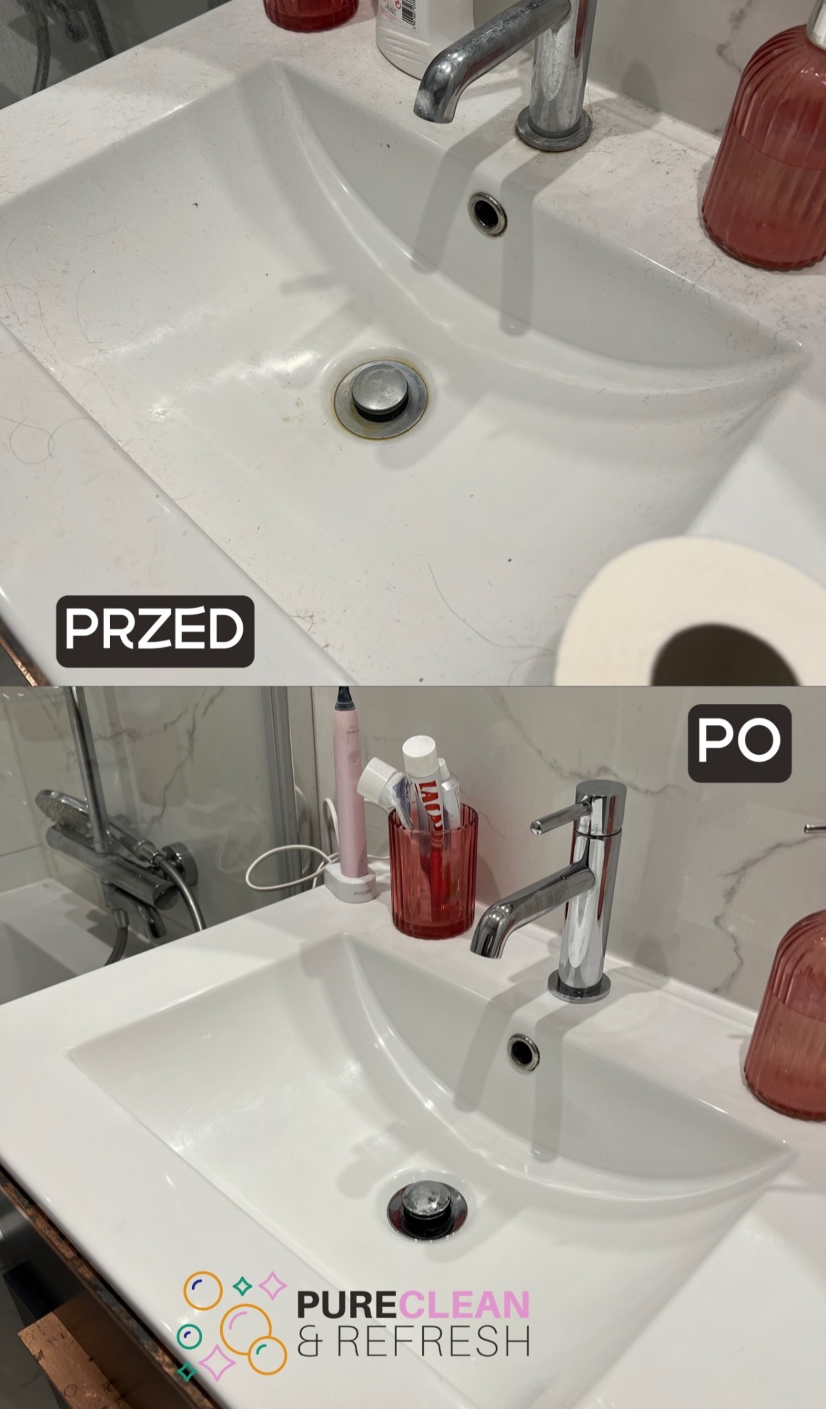 Porównanie umywalki łazienkowej przed i po czyszczeniu: górna część zdjęcia pokazuje zabrudzoną umywalkę z włosami i osadem, dolna część ukazuje czystą, błyszczącą umywalkę z akcesoriami...
