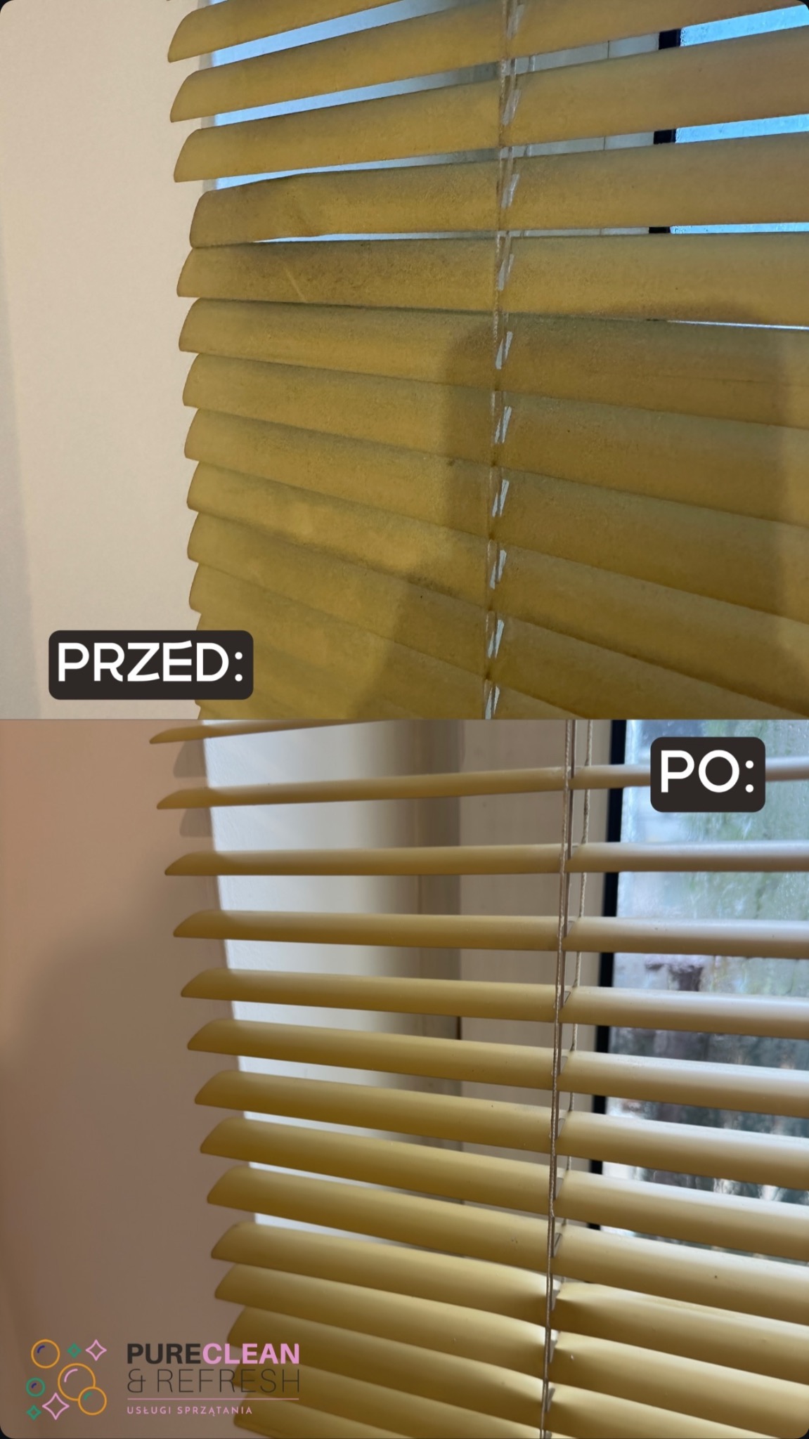 Żółte żaluzje poziome, ujęcie z bliska, podzielone na dwie części: górna pokazuje żaluzje pokryte kurzem i zabrudzeniami z podpisem 'PRZED', dolna prezentuje czyste żaluzje po zabiegu czyszczenia...