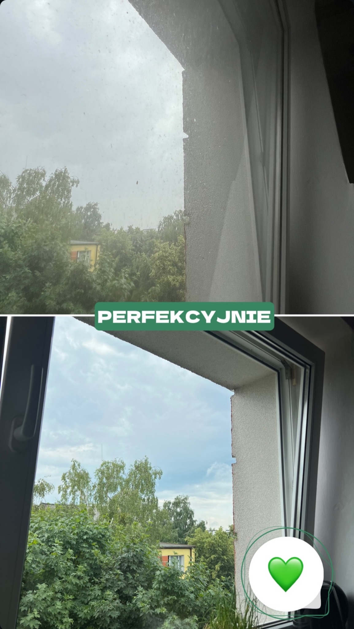 Porównanie okna przed i po czyszczeniu: górna część z widocznymi zabrudzeniami, dolna część idealnie czysta z widokiem na zieleń i budynek w tle.