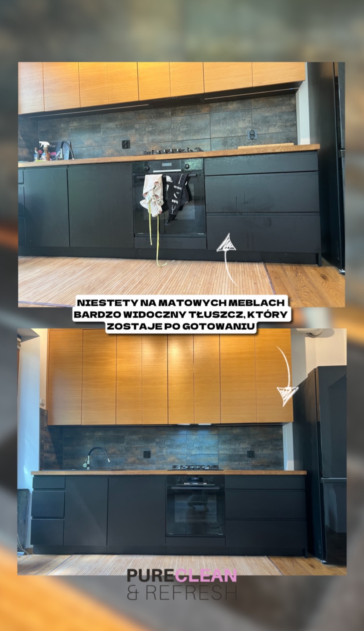 Porównanie matowych czarnych mebli kuchennych przed i po czyszczeniu, z widocznymi śladami tłuszczu przed i czystą powierzchnią po, podkreślające efekt sprzątania.