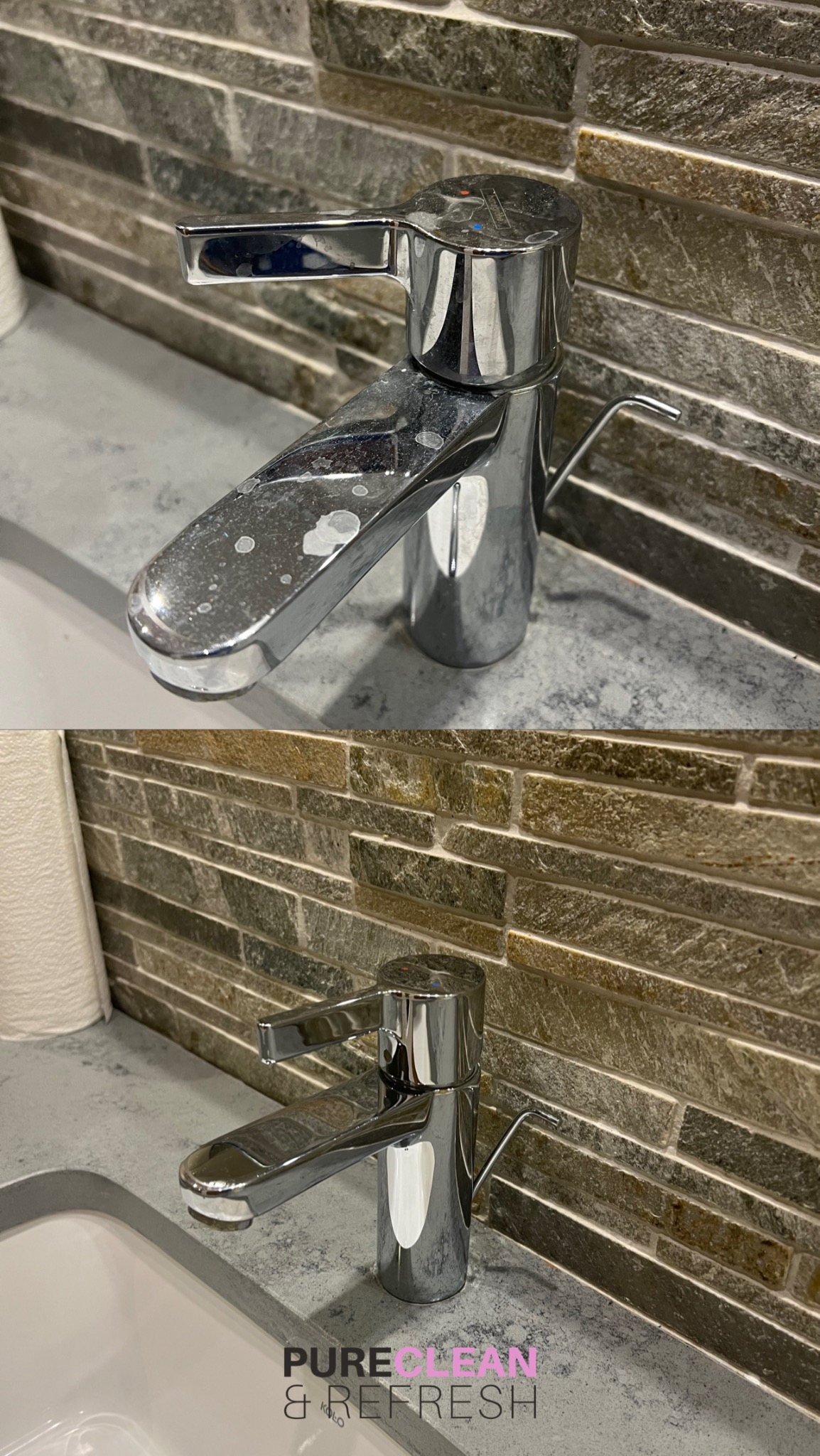 Kran łazienkowy przed i po czyszczeniu, widoczne plamy i osad przed, lśniąca powierzchnia po, na tle mozaiki z kamienia.