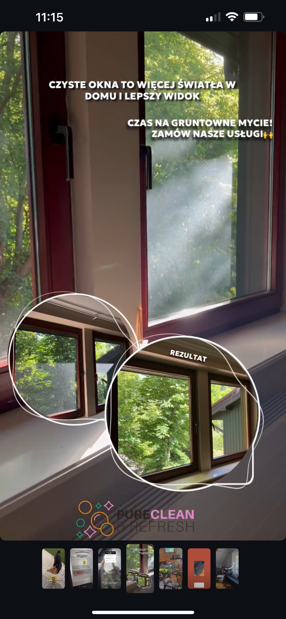 Porównanie okna przed i po umyciu, z widoczną różnicą w czystości i przejrzystości, z hasłem reklamowym zachęcającym do skorzystania z usługi mycia okien.