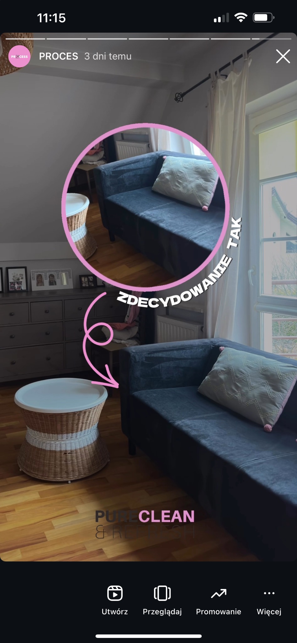 Fragment filmu z Instagrama przedstawiający sofę z poduszką i stolik rattanowy w pokoju na poddaszu, z nakładkami graficznymi 'ZDECYDOWANIE TAK' i logo 'PURE CLEAN & REFRESH'.